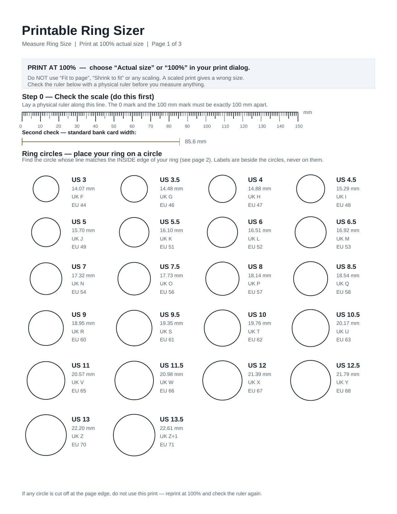 Preview of page 1 of the printable ring sizer PDF: print instructions, a verification ruler, and ring circles with labels